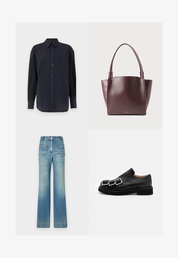 Fekete, hosszú ujjú, gombos ing, mellzsebbelsővel és piros kiegészítőkkel. Simító anyagból készült, klasszikus gallérral és gombos záródással.; Világoskék, trapéz szabású farmernadrág öt zsebbel, övhurkokkal, gombos záródással és enyhén fakó textúrával, a hátsó részén egy piros logó részlettel.; N°21 DERBY - Fűzős cipők - black; Sötétbarna bőr tote táska, két füllel és geometrikus panel varrással, az alján, középen elhelyezett, kis arany logóval.