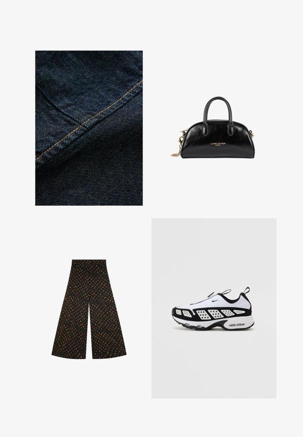 Donkerblauwe denimstof met een subtiele verticale textuur, voorzien van oranje stiksels langs de naad voor accentuering.; Zwarte wijdlopende broek van stof met een overwegend geometrisch patroon in oranje, groen en gele vormen. Soepele textuur, hoge taille.; Nike sneaker in wit en zwart. Heeft een gestroomlijnd ontwerp, ademend mesh en contrasterende geperforeerde panelen. Zichtbare luchtunit in de zool.; Zwarte leren handtas met een gebogen ontwerp, dubbele handgrepen, gouden hardware en een schouderriem van kettingen. Bevat het logo "Lancaster Paris."