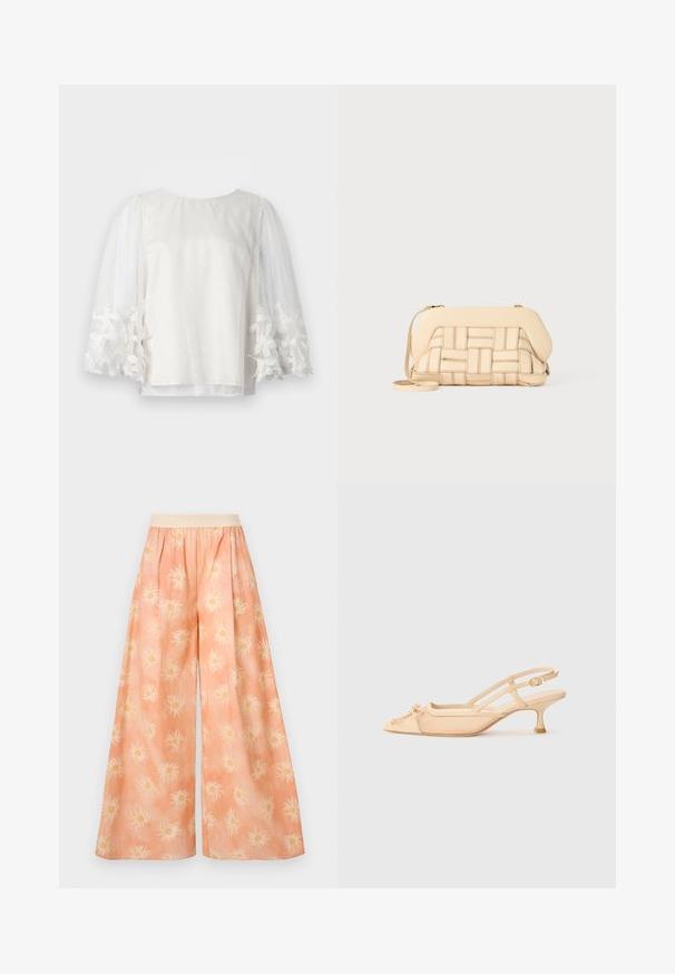 Blusa bianca trasparente con pois, maniche lunghe a sbuffo e polsini ricamati a fiori, esposta su uno sfondo bianco semplice.; Pantaloni a gamba larga in tessuto pesco chiaro con un motivo di sole bianco con centri gialli, un elastico in vita e una texture morbida.; Stuart Weitzman KITTY - Decolleté - beige/barely beige; Borsa beige intrecciata con un design strutturato, dotata di una parte superiore liscia e di una lunga tracolla. I dettagli testurizzati arricchiscono l'aspetto complessivo.