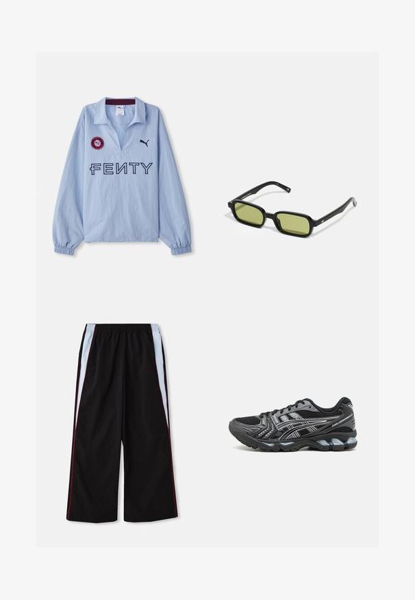 Light blue long-sleeve shirt featuring a folded collar, "FENTY" logo, and a round red patch with a logo, designed by Puma.; Black athletic pants with a wide leg, featuring light blue and red side stripes and a small "FENTY" logo on the front.; Black athletic shoe with mesh upper, silver accents, and a cushioned sole. Features a lace-up design and textured tread for grip.; Black sunglasses with an angular design, green tinted lenses, and smooth plastic frames. Features gold accents on the temples.