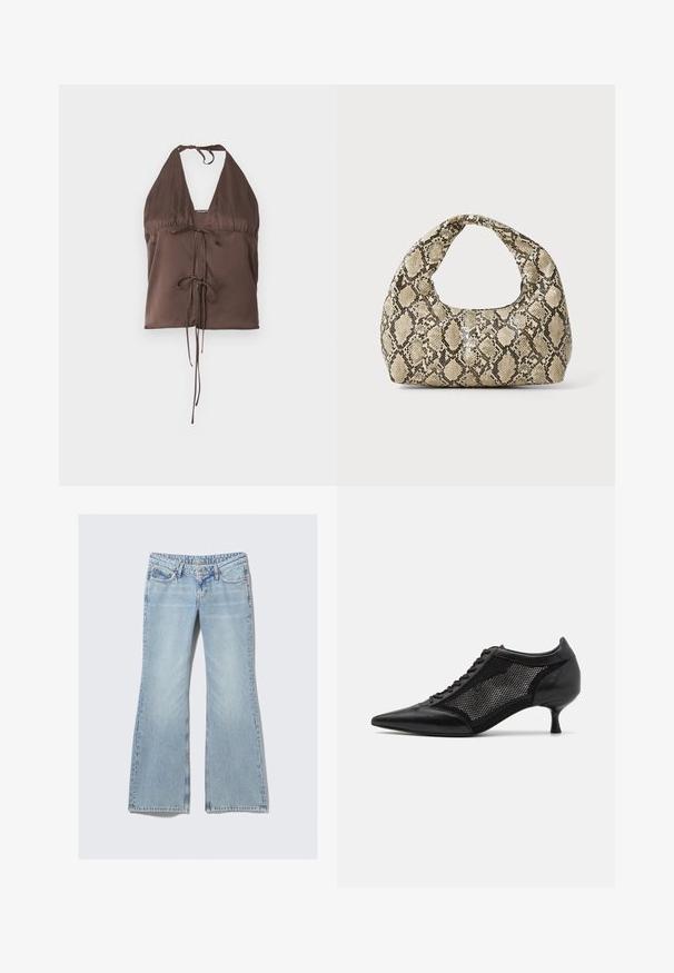 Top halter maro, dintr-un material neted, cu un decolteu adânc în V, bretele reglabile și un detaliu cu nod în față pentru un aspect ajustat.; Weekday NOVA - Blugi slim fit - lip blue; Pantofii negri cu vârful ascuțit au un design din panouri de plasă, având un toc mic și șireturi în față. Sunt confecționați dintr-o combinație de piele și material din plasă.; Geantă cu imprimeu de șarpe, având un mâner curbat. Fabricată din materiale texturate, bej și maronii, cu un model distinctiv în formă de diamant.