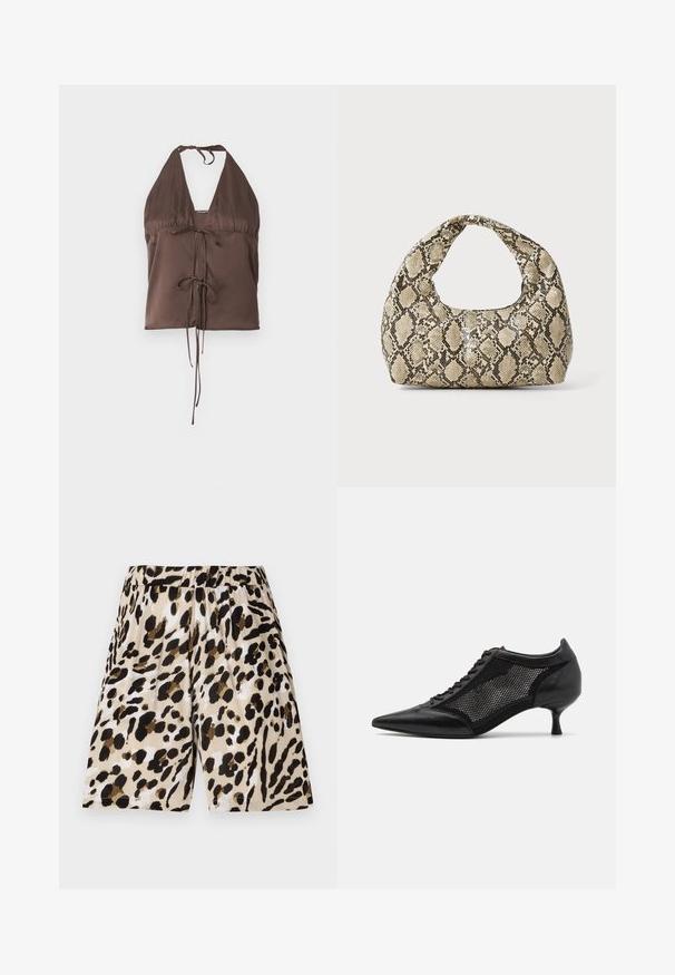 Ruda halterio viršutinė dalis, pagaminta iš lygaus audinio, su giliu V iškirpimu, reguliuojamais ryšiais ir priekiniais ryšiais, suteikiančiais prigludusį įvaizdį.; Landskirtu su leopardų raštu, su elastine juosta, pagaminti iš lengvos medžiagos. Pasižymi kreminės, juodos ir rudos spalvų tekstūriniu raštu.; Juodi bateliai su smailiu pirštu ir tinklinėmis detalėmis, turintys žemą kulną ir raištelių uždengimą. Pagaminti iš odos ir tinklinės medžiagos derinio.; Gyvatės rašto rankinė su kreiviu rankenėle. Pagaminta iš tekstūruotų smėlio ir rudos spalvos medžiagų, su išskirtiniu rombo raštu.