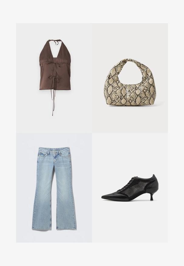 Rjav halter top iz gladkega blaga, z globokim V-izrezom, nastavljivimi vezalkami in detajlom vezanja spredaj za prilagojen videz.; Svetlo modre zvonaste jeans hlače z bleščanim učinkom, dizajnom s petimi žepi in kontrastnim šivanjem. Bombažni denim z gladko teksturo.; Črne čevlje z ostro nosom, zasnovane z mrežnim panelom, z nizko peto in vezalkami spredaj. Narejeni so iz kombinacije usnja in mrežnega materiala.; Torba z vzorom kače s ukrivljenim ročajem. Narejena iz teksturiranih, bež in rjavih materialov, ki imajo značilen diamante vzorec.