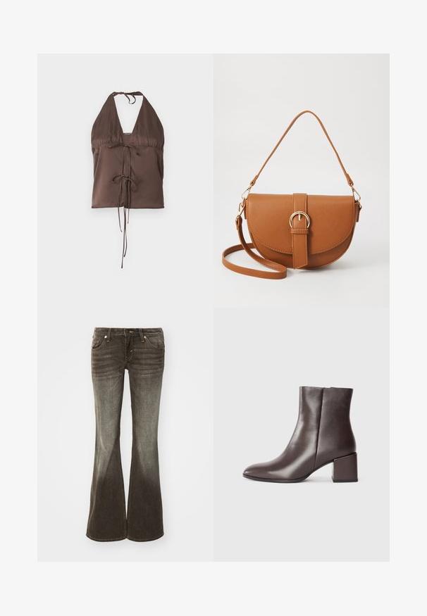 Ruskea narukaulus-toppi, joka on valmistettu sileästä kankaasta ja jossa on syvä V-pääntie, säädettävät soljettavat olkaimet sekä etuosassa solmittava yksityiskohta muotoilevaksi ilmeeksi.; Kohokohdistetut farkut tummanharmaasta kankaasta, jossa on haalistunut viimeistely. Ominaisuuksiin kuuluu viisi taskua, etupainikehakasu ja huomaamatonta ommeltua yksityiskohtaa.; Ruske antilopne čizme do gležnja sa elegantnim dizajnom, šiljatim nožnim delom i kvadratnom blok petom. Glatka tekstura i minimalistička silueta.; Ruskean nahkainen olkalaukku, jossa on kaareva muoto, kultaiset yksityiskohdat ja solkiyksityiskohta. Varustettu irrotettavalla olkahihnalla.