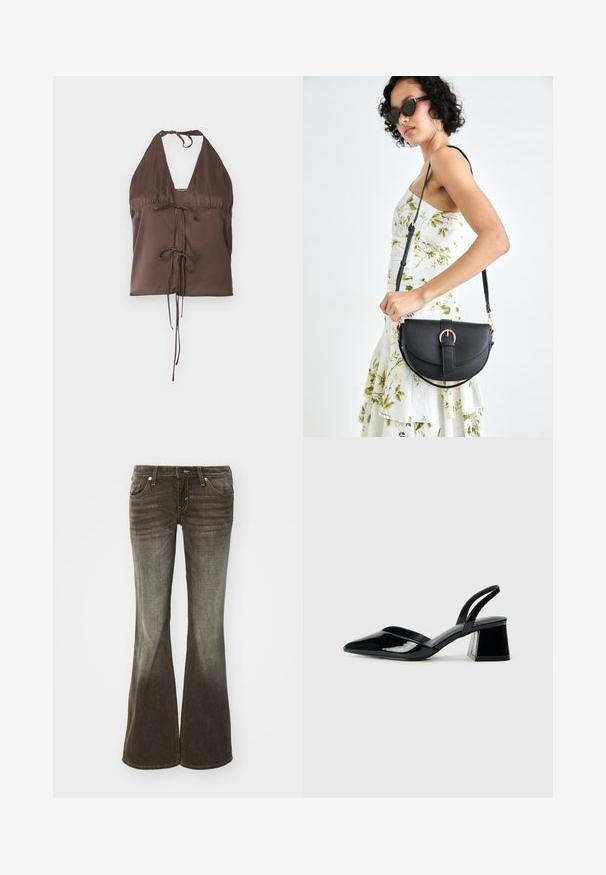 Top halter marrón hecho de tela suave, con un escote en V profundo, tirantes ajustables y un detalle de lazo en el frente para un ajuste ceñido.; Jeans de campana en tejido gris oscuro con un acabado desgastado. Cuenta con cinco bolsillos, cierre de botón delantero y detalles de costura sutiles.; Zapatos de tacón slingback de charol negro con punta afilada y tacón geométrico en bloque. Presentan un diseño elegante y minimalista, así como una textura suave.; Bolso de piel negra con forma curva, correa desmontable y herrajes dorados. El bolso cuenta con una solapa con un detalle de hebilla.