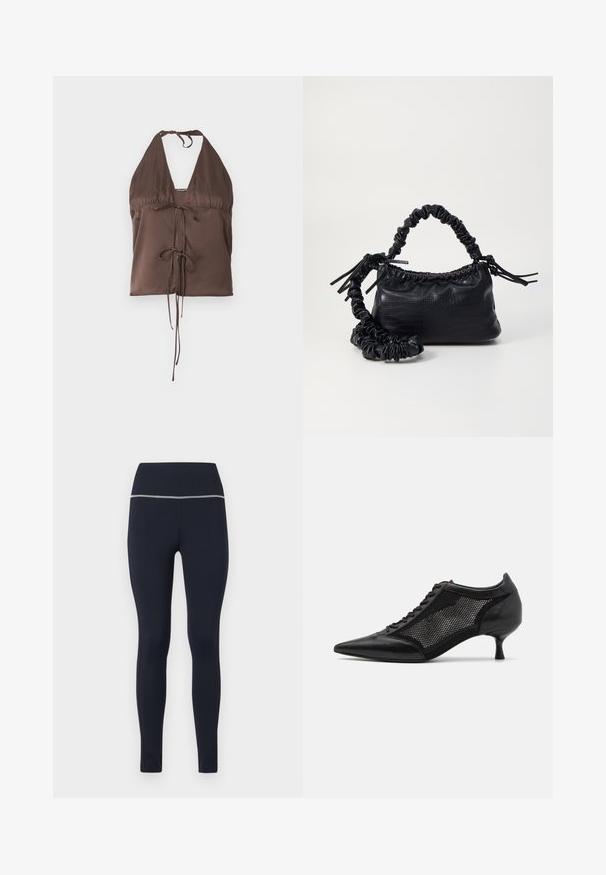 Brown halter top made of smooth fabric, featuring a deep V-neck, adjustable tie straps, and a front tie detail for a fitted look.; Navy fitted leggings made of stretchy fabric, featuring a wide waistband with a reflective trim along the top for visibility.; Black pointed-toe shoe with a mesh panel design, featuring a low heel and lace-up front. Made from a combination of leather and mesh material.; Black faux leather handbag with a crocodile texture, cinched top, and a scrunched strap. Appears soft and compact in design.
