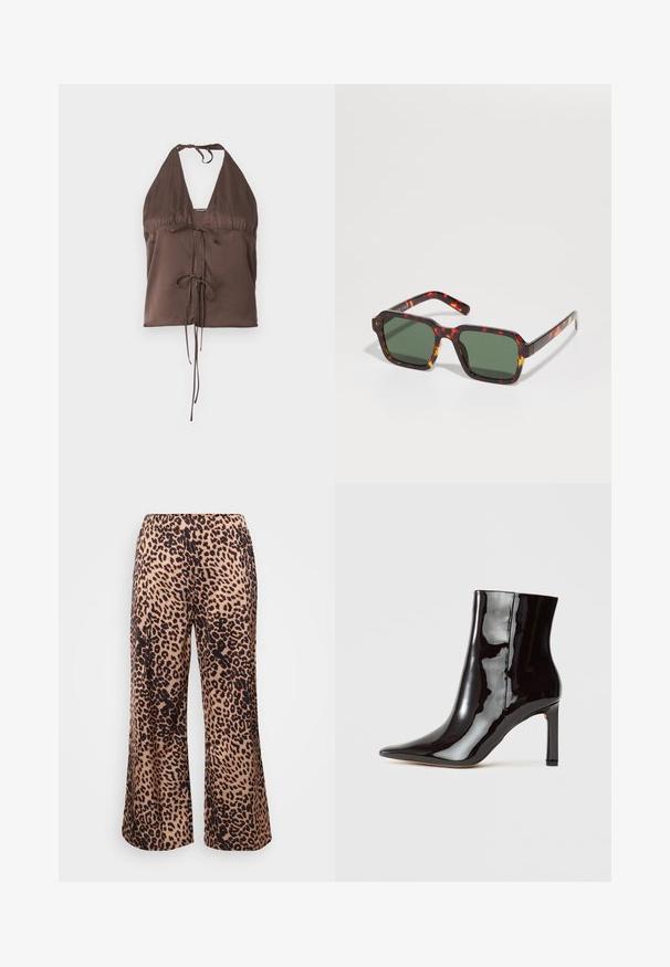 Brown halter top made of smooth fabric, featuring a deep V-neck, adjustable tie straps, and a front tie detail for a fitted look.; Leopard print wide-leg trousers in a soft fabric, featuring a beige base with dark brown spots, and an elastic waistband.; Black patent leather ankle boot with a pointed toe and sleek silhouette. Features a stiletto heel and smooth texture.; Tortoiseshell sunglasses with square frames, green tinted lenses, and contrasting orange accents along the edges of the arms.; Black patent leather handbag with a unique curved shape, short adjustable handle, and a zippered top. Smooth texture with subtle branding.