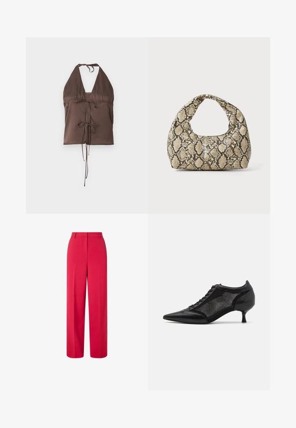 Tumši brūns halter tops, kas izgatavots no gludas auduma, ar dziļu V-veida kaklasaiti, regulējamiem saistošajiem siksnām un priekšējo saiti, lai nodrošinātu pieguļošu izskatu.; Augsta vidukļa plata kāju sarkanās bikses ar jostas cilpām un slēptu priekšējo aizdari uz balta fona.; Melnas norādītas kurpes ar sietu paneļa dizainu, kurām ir zems papēdis un šnuces priekšpuse. Izgatavotas no ādas un sieta materiāla kombinācijas.; Čūsku raksta soma ar izliekto rokturi. Izgatavota no teksturētiem, bēšiem un brūniem materiāliem, ar izteiksmīgu dimanta rakstu.