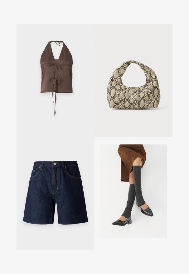 Ruskea narukaulus-toppi, joka on valmistettu sileästä kankaasta ja jossa on syvä V-pääntie, säädettävät soljettavat olkaimet sekä etuosassa solmittava yksityiskohta muotoilevaksi ilmeeksi.; Tummansiniset farkkushortsit, joissa on kontrastiväriset oranssit tikkaukset. Ominaisuuksiin kuuluu viisi taskua, nappisuljenta ja suora lahkeiden muoto.; Musta lakattu nahkakengät teräväkärkisillä, leveällä kantapäällä ja nilkkahihnalla, yhdistettynä harmaisiin ribattuihin säärystimiin ja ruskeaan mokkasiinimekkoon.; Käärmeennahkakuosiset käsilaukku, jossa on kaareva kahva. Tehty teksturoiduista beigeistä ja ruskeista materiaaleista, joissa on erottuva timanttikuvio.