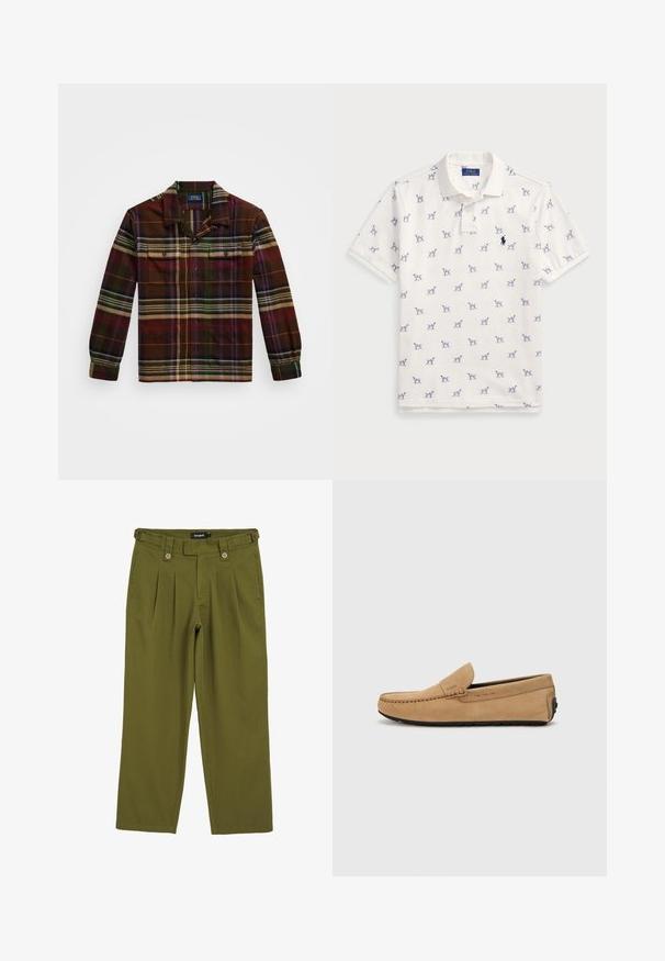 Koszula w kratę z długim rękawem w ciemnym brązie, z zielonymi, fioletowymi i pomarańczowymi paskami, dwoma kieszeniami na piersi oraz kołnierzykiem zapinanym na guziki.; Biała koszulka polo z bawełny, z powtarzającym się niebieskim wzorem psów i małym niebieskim logo na piersi. Krótkie rękawy i kołnierzyk.; Zielone oliwkowe spodnie w kant o prostym kroju. Posiadają dwa przednie guziki, szlufki na pasek oraz gładką teksturę materiału.; Beżowe zamszowe mokasyny z przeszytym noskiem, slip-on, z czarną gumową podeszwą. Posiada delikatne logo po boku.