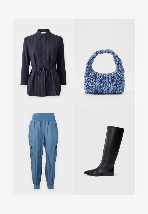 Kék ing függőleges fehér csíkokkal, hosszú ujjakkal, gombos elülső részel és inggallérral. Kötött derékkal rendelkezik a testhez simuló sziluettért.; Kék cargo nadrág sima anyagból, rugalmas derékkal, keskenyedő szárakkal és két oldalsó cargo zsebbel.; Fekete bőr, térdig érő csizma hegyes orral és minimalista dizájnnal. Simább textúra és lapos talp, diszkrét oldalsó varrási részletekkel.; Kék szövet táska, gyűrt textúrával és vastag, fodros fogantyúval. Finom csíkos minták díszítik. Kompakt, téglalap alakú.