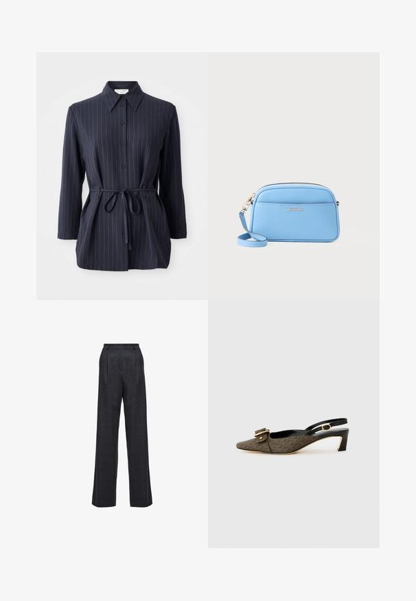 Marineblaues Hemd mit vertikalen weißen Streifen, langen Ärmeln, Knopfleiste und Hemdkragen. Mit einer gebundenen Taille für eine taillierte Silhouette.; Weite Hose aus dunkelgrauem Stoff mit hoher Taille, gefaltetem Vorderteil und glatter Textur ohne sichtbare Verschlüsse oder Verzierungen.; Slingback-Absatzschuhe mit spitzem Zeh, braunem gemustertem Stoff, goldfarbenem Schnalle-Detail, schwarzem Lederband und niedrigem Blockabsatz.; Hellblaues Leder-Crossbody-Bag mit goldfarbenen Beschlägen, Reißverschluss und einer Fronttasche. Verfügt über einen verstellbaren Riemen für zusätzlichen Komfort.