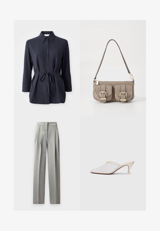 Marineblauwe blouse met verticale witte strepen, lange mouwen, knopen aan de voorkant en een overhemdkraag. Beschikt over een gestrikt middel voor een getailleerd silhouet.; Lichtgrijze op maat gemaakte broek met een gladde textuur, voorzien van plooien aan de voorkant, een wijd pijpenontwerp en een getailleerde tailleband.; Witte mesh puntige muiltjes met een slanke hak van middelgrote hoogte en een slip-on ontwerp, tegen een effen achtergrond.; Beige handtas met textuur, verstelbare schouderriem, twee voorvakken beveiligd met gespen en accenten van gouden hardware. Ritssluiting aan de bovenkant.