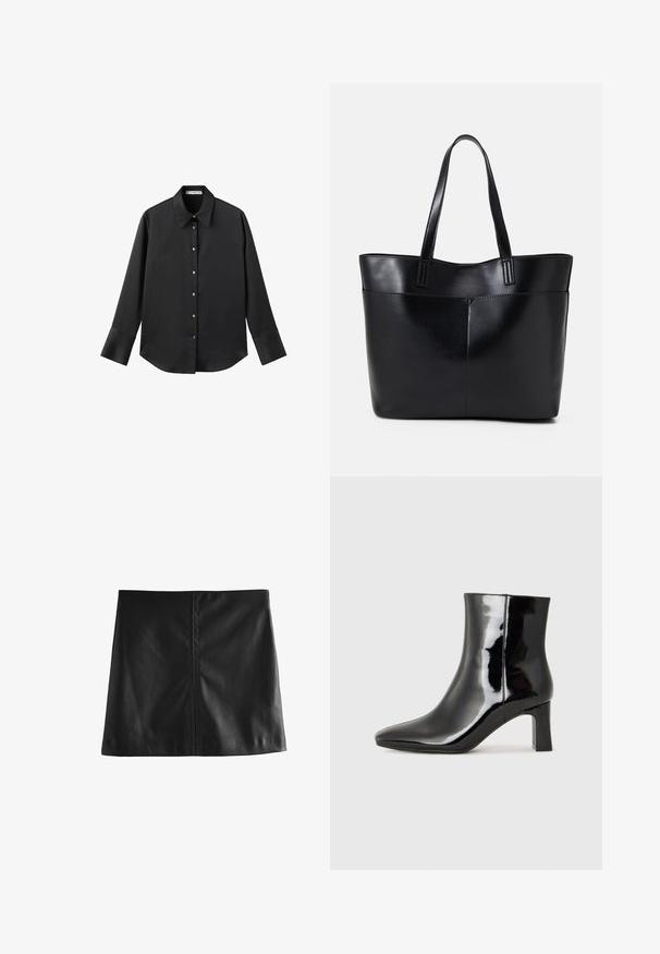 Czarna koszula z długim rękawem z gładkiego materiału, z klasycznym kołnierzykiem, zapięciem na guziki z przodu w złotym odcieniu oraz szerokimi mankietami.; Czarna skórzana mini spódnica o gładkiej fakturze, prostym wzornictwie i minimalnym przeszyciu, o prostym kroju i bez ozdób.; Czarne lakierowane botki za kostkę z wysmukłym noskiem i średniej wysokości obcasem w kształcie słupka. Gładka tekstura i minimalistyczny design.; Czarna skórzana torba na ramię z dwoma długimi uchwytami, gładką teksturą i sztywną formą. Posiada przednią kieszeń dla dodatkowego przechowywania.