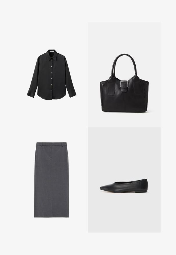 Črna majica z dolgimi rokavi iz gladkega materiala, z klasičnim ovratnikom, sprednjim zapiranjem na gumbe z zlatimi gumbi in širokimi manšetami.; Siva svinčnik krilo, dolžine do kolen, izdelano iz gladkega blaga. Ima ožji kroj s ravnim pasom in brez vidnih zapiranj ali žepov.; Črne usnjene balerinke, koničast toe, minimalističen dizajn, gladka tekstura, nizka peta, brez vidnih kovinskih delov ali okraskov.; Črna usnjena torba s gladko teksturo, strukturirano obliko, dvema ročkama in izrazitim srebrnim sponko na sprednji strani.