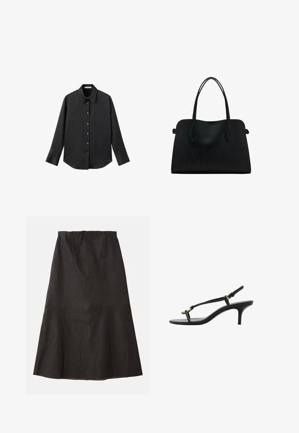 Sort langærmet skjorte i glat stof, med klassisk krave, frontlukning med guldtonede knapper og brede manchetter.; Sort, knælængde A-formet nederdel lavet af glat, tekstureret stof. Har en mellemhøj talje og en subtil sømdetalje.; Sort læder kitten hæl sandal med tynde stropper, guldspænde og minimalistisk tå løkke på en hvid baggrund.; Sort læderhåndtaske med dobbelte skulderremme, rektangulær form og minimalistisk design på en hvid baggrund.