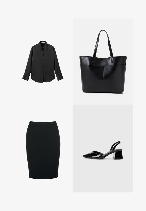 Crna košulja dugih rukava od glatkog materijala, s klasičnim ovratnikom, prednjim kopčanjem na dugmad u boji zlatne i širokim manžetnama.; Crna olovka suknja s prilagođenim siluetom, izrađena od glatkog, rastezljivog materijala. Ima struk srednje visine i dizajn do koljena.; Crne lakirane kožne sandale s otvorenom petom i špicastim vrhom, s geometrijskom blok petom. Imaju elegantan, minimalistički dizajn i glatku teksturu.; Crna kožna torba s dugim ručkama, glatkom teksturom i strukturiranim oblikom. Ima prednju džep za dodatno pohranu.