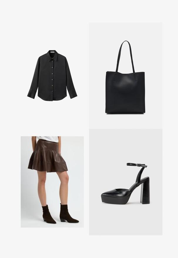 Černá dlouhá rukávová košile z hladkého materiálu, s klasickým límečkem, předním zapínáním na knoflíky ve zlatém tónu a širokými manžetami.; Hnědá sukně s áčkovým lemem z umělé kůže s outfitem na míru v pase, s detaily šití. Spárovaná s hnědými semišovými kotníkovými botami s špičatou špičkou.; Černé platformové podpatky s špičatou špičkou a nastavitelným kotníkovým popruhem. Vyrobeny z hladké kůže, s masivním blokovým podpatkem.; Černá kožená taška přes rameno s hladkým povrchem, obdélníkovým tvarem a dvěma dlouhými uchy. Žádné viditelné kování ani ozdoby.
