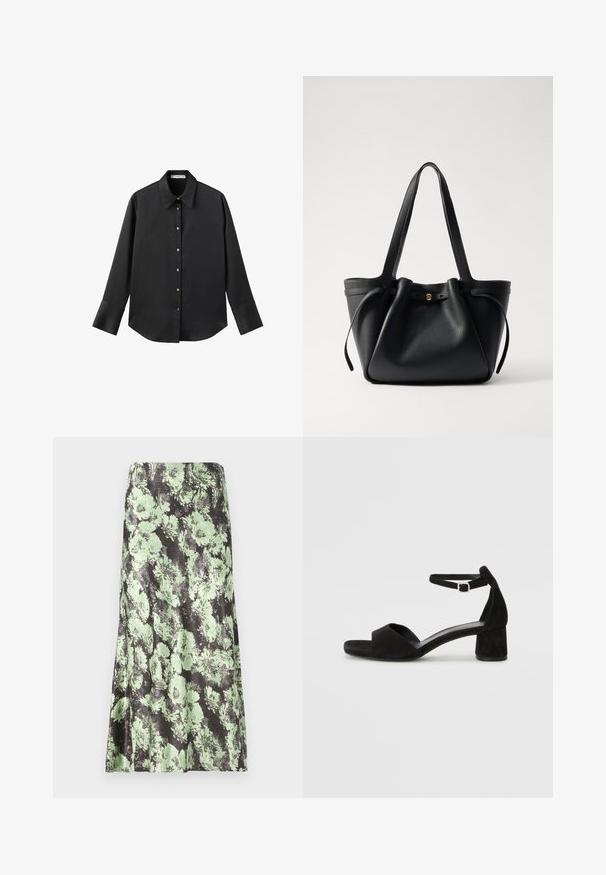 Czarna koszula z długim rękawem z gładkiego materiału, z klasycznym kołnierzykiem, zapięciem na guziki z przodu w złotym odcieniu oraz szerokimi mankietami.; Spódnica kwiatowa z czarnym tłem i jasnooliwkowymi wzorami. Materiał wydaje się gładki, z delikatnym połyskiem, w kształcie rozszerzanym.; Czarne zamszowe sandały na obcasie z cienkim paskiem wokół kostki, otwartym noskiem i skromnym słupkowym obcasem. Gładka faktura i minimalne akcenty.; Czarna skórzana torba tote z dwoma długimi ramiączkami, ściąganym topem i złotym okrągłym akcentem. Gładka tekstura i minimalistyczny design.