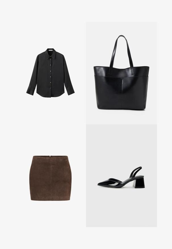 Chemise noire à manches longues en tissu lisse, dotée d'un col classique, d'une fermeture à boutons sur le devant avec des boutons dorés, et de larges poignets.; Jupe mini en suede marron avec une texture lisse, présentant un design simple, une fermeture éclair à l'arrière et sans embellissements supplémentaires.; Escarpins en cuir verni noir avec bout pointu et talon bloc géométrique. Présente un design élégant et minimaliste ainsi qu'une texture lisse.; Sac fourre-tout en cuir noir avec deux longues poignées, une texture lisse et une forme structurée. Dispose d'une poche avant pour un rangement supplémentaire.