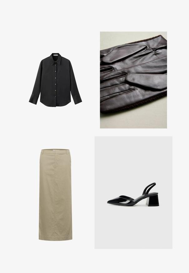 Cămașă neagră cu mâneci lungi dintr-un material neted, având un guler clasic, închidere frontală cu butoane aurii și manșete late.; Fustă midi din in bej cu talie plată, buzunare laterale și siluetă dreaptă, având o cusătură minimă și fără elemente de prindere vizibile.; Pantofi cu toc slingback din piele lacuită neagră, cu vârf ascuțit și toc geometric. Prezintă un design elegant, minimalist și o textură netedă.; Mănuși din piele maro, cu o textură netedă, având cinci degete, încheietură elastică și cusături decorative pe margine.