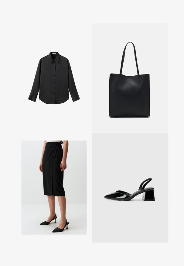 Czarna koszula z długim rękawem z gładkiego materiału, z klasycznym kołnierzykiem, zapięciem na guziki z przodu w złotym odcieniu oraz szerokimi mankietami.; Czarna spódnica do kolan z designem w stylu kopertowym, wykonana z fakturowanej tkaniny, z bocznym wiązaniem. Połączona z czarnymi szpilkami z wąskim noskiem.; Czarne lakierowane półbuty na obcasie z wydłużonym noskiem i geometrycznym słupkiem. Charakteryzują się eleganckim, minimalistycznym designem oraz gładką fakturą.; Czarna skórzana torba tote o gładkiej fakturze, prostokątnym kształcie i dwóch długich uchwytach. Brak widocznych elementów metalowych i ozdób.