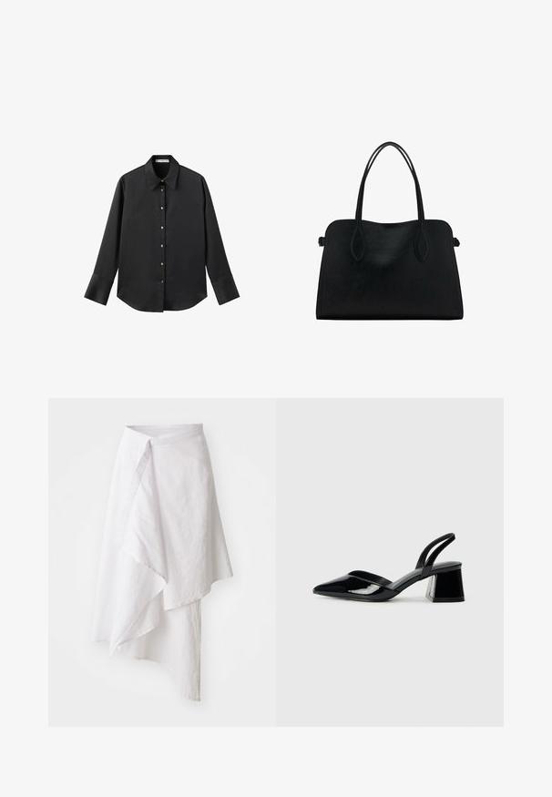 Crna košulja dugih rukava od glatkog materijala, s klasičnim ovratnikom, prednjim kopčanjem na dugmad u boji zlatne i širokim manžetnama.; Bijela suknja omota od lagane tkanine, s asimetričnom ivicom, glatkom teksturom i jednostavnim, minimalističkim dizajnom.; Crne lakirane kožne sandale s otvorenom petom i špicastim vrhom, s geometrijskom blok petom. Imaju elegantan, minimalistički dizajn i glatku teksturu.; Crna kožna torba s dvostrukim naramenicama, pravokutnog oblika i minimalističkim dizajnom na bijeloj pozadini.