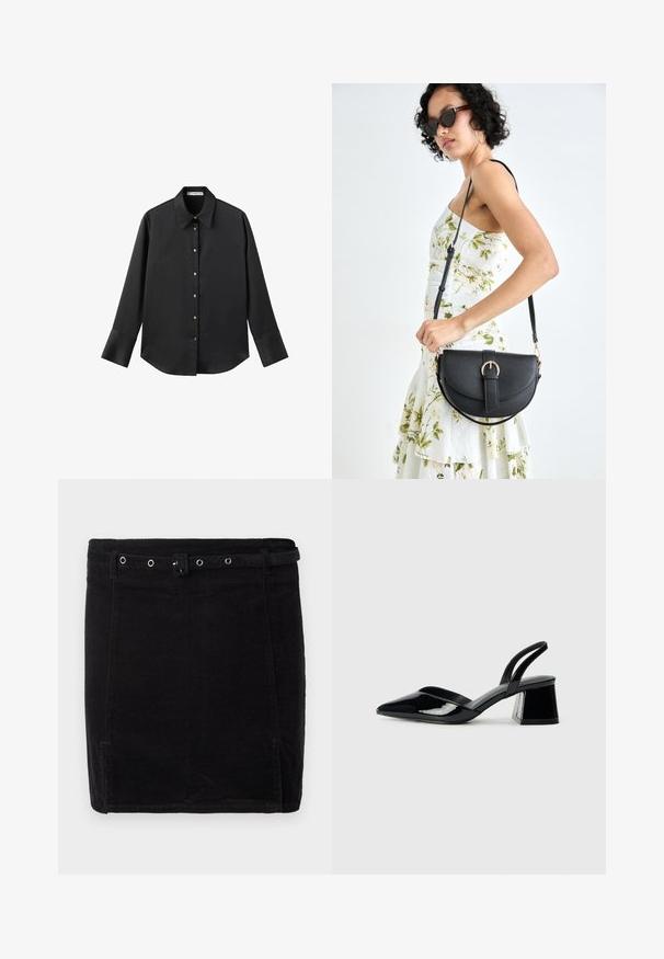 Zwarte lange mouwen shirt van gladde stof, met een klassieke kraag, een sluiting met knopen aan de voorkant met gouden knopen en brede manchetten.; Zwarte corduroy rok met een aansluitend ontwerp, voorzien van een riem, zilverkleurige hardware en een subtiele verticale ribbeltextuur.; Zwarte gepatineerde leren slingback hakken met een spitse neus en een geometrische blokhak. Kenmerkt zich door een slank, minimalistisch ontwerp en een gladde textuur.; Zwarte leren handtas met een gebogen vorm, afneembare schouderband en gouden hardware. De tas heeft een klep met een gespsluiting.