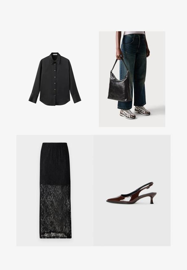 Čierna dlhá rukávová košeľa z hladkého materiálu, s klasickým golierom, predným zapínaním na gombíky so zlatými gombíkmi a širokými manžetami.; Selected Femme SLFMISTA ANKLE SKIRT - Maxisukňa - black; Hnedá lakovaná slingback obuv s špicatou špičkou a mierne vysokým opätkom. Obsahuje pracku pre bezpečné upevnenie. Hladká textúra.; Čierna kožená taška cez rameno s hladkou textúrou a nastaviteľným popruhom, skombinovaná s vyblednutými širokými džínsy a športovými teniskami.