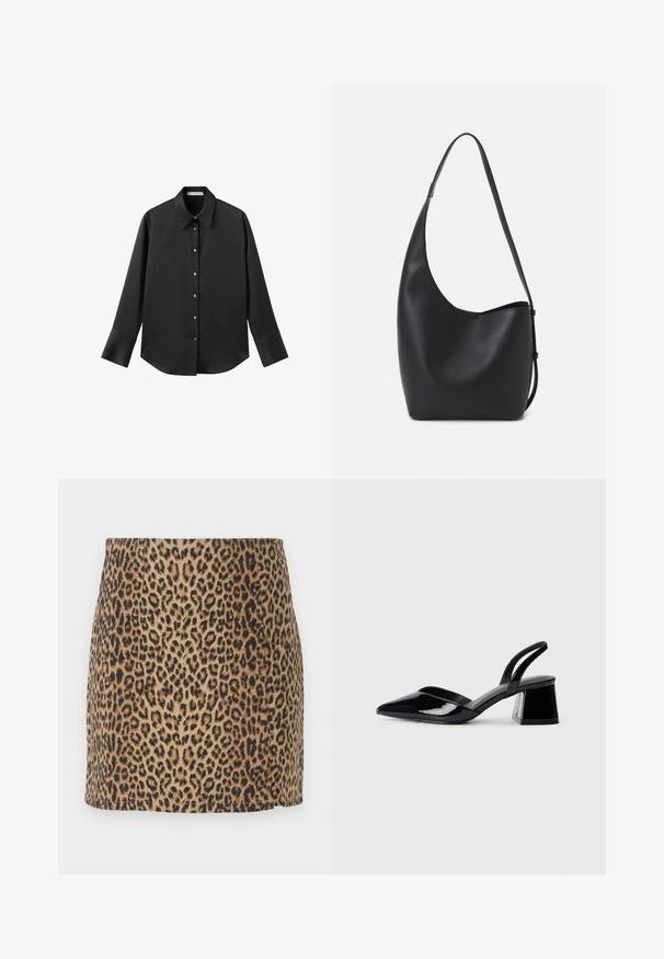 Cămașă neagră cu mâneci lungi dintr-un material neted, având un guler clasic, închidere frontală cu butoane aurii și manșete late.; Fustă mini cu imprimeu leopard, având un design mulat și o textură netedă, fundal bej și pete negre. Marginile sunt finisate neat și fără embellismente.; Pantofi cu toc slingback din piele lacuită neagră, cu vârf ascuțit și toc geometric. Prezintă un design elegant, minimalist și o textură netedă.; Geantă hobo din piele neagră, cu o textură netedă, formă curbată și un singur bretele ajustabil; are o deschidere largă în partea de sus.