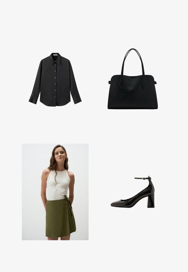 Chemise noire à manches longues en tissu lisse, dotée d'un col classique, d'une fermeture à boutons sur le devant avec des boutons dorés, et de larges poignets.; Débardeur blanc à côtes associé à une jupe enroulée vert olive arrivant au genou, ornée d'une ceinture à nouer à la taille. Tissu doux et léger.; Pompe à talon bloc en cuir verni noir avec une finition brillante, un bout pointu et une large bride à la cheville. Texture lisse, minimalisme dans les détails.; Sac à main en cuir noir avec deux anses, de forme rectangulaire et au design minimaliste sur un fond blanc.