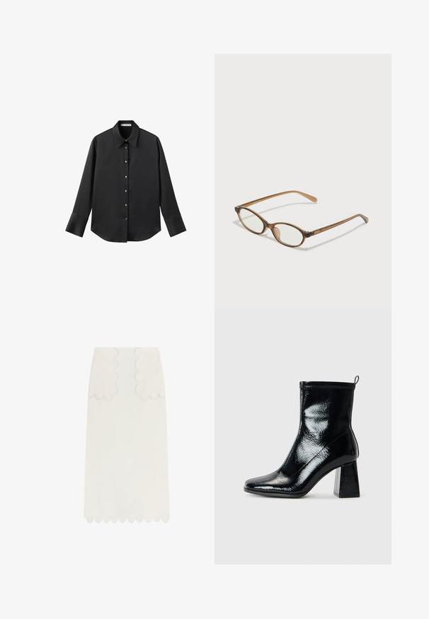 Zwarte lange mouwen shirt van gladde stof, met een klassieke kraag, een sluiting met knopen aan de voorkant met gouden knopen en brede manchetten.; Scalpers LAIN MIDI - A-lijn rok - ecru; Zwarte, gepatineerde enkellaars met een vierkante neus en een chunky geometrische hak. De laars heeft een gladde, glanzende textuur en een achterste trekband voor eenvoudig aan- en uittrekken.; Bruine schildpadbril met ovale lenzen, dunne armen en transparante accenten. Heeft een subtiele logo op de tempel. Strak, lichtgewicht ontwerp.; Zwarte laarzen in lakleer met een gebogen vorm, één schouderband, voorvakken en accenten in zilverkleurig metaal.