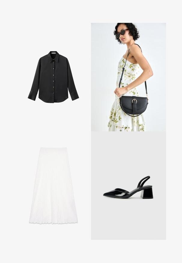 Sort langærmet skjorte i glat stof, med klassisk krave, frontlukning med guldtonede knapper og brede manchetter.; Hvid, struktureret A-line nederdel med vaffelmønster, knælængde med bølget kant, velegnet til hverdag.; Sorte patentlæder slingback hæle med spids tå og en geometrisk blok hæl. Har et elegant, minimalistisk design og en glat tekstur.; Sort læderhåndtaske med en buet form, aftagelig rem og guldfinish. Tasken har en klap med en spænde detalje.