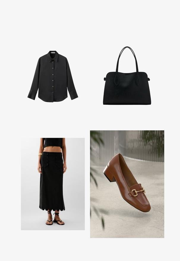 Zwarte lange mouwen shirt van gladde stof, met een klassieke kraag, een sluiting met knopen aan de voorkant met gouden knopen en brede manchetten.; Zwarte linnen rok met een gegolfde zoom en twee zakken met gegolfde accenten; gecombineerd met zwarte platte sandalen.; Bruine lakleren loafer met vierkante neus, metallic kettingaccent en lage blokhak; gladde textuur, minimalistisch ontwerp.; Zwarte leren handtas met dubbele schouderriemen, rechthoekige vorm en minimalistisch ontwerp op een witte achtergrond.