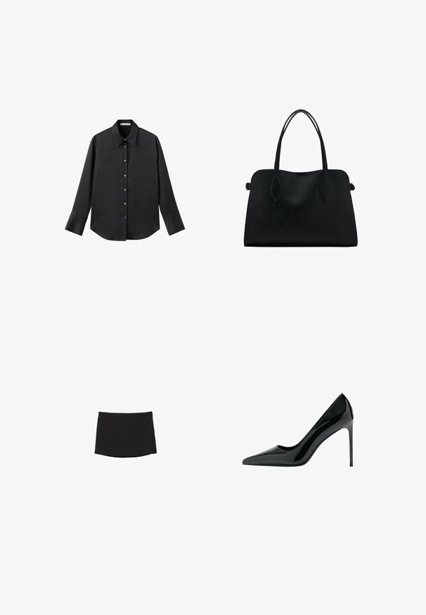 Črna majica z dolgimi rokavi iz gladkega materiala, z klasičnim ovratnikom, sprednjim zapiranjem na gumbe z zlatimi gumbi in širokimi manšetami.; Črna mini krilo iz gladkega, raztegljivega blaga; ima ravno rez z diskretnim robom in brez vidnih zapiranj ali vzorcev.; Črne lakirane stiletto čevlje s koničastim prstom in gladko, sijočo teksturo; visok, ozek petec; minimalističen dizajn.; Črna usnjena torbica z dvema naramnima trakoma, pravokotne oblike in minimalističnim dizajnom na beli podlagi.