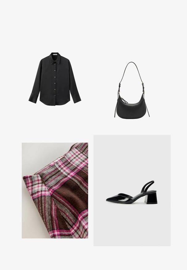 Black long-sleeve shirt in smooth fabric, featuring a classic collar, front button closure with gold-tone buttons, and wide cuffs.; Brown and pink checkered fabric with gray accents, featuring a smooth texture and a slight sheen, highlighted by a visible zipping detail.; Black patent leather slingback heels with a pointed toe and a geometric block heel. Features a sleek, minimal design and smooth texture.; Black leather shoulder bag with a curved shape, adjustable strap, gold hardware accents, and a smooth textured surface.