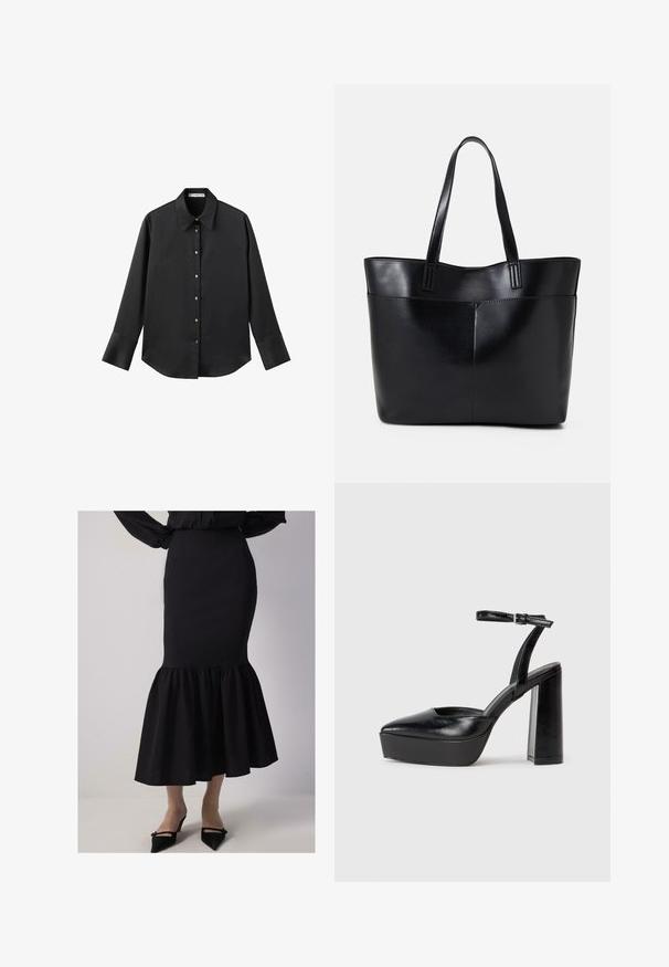 Svart långärmad skjorta i mjukt tyg, med klassisk krage, framknäppning med knappar i guldton och breda manschetter.; Svart sjöjungfru kjol med åtsittande midja, utsvängd nederdel och textil med struktur. Slutar precis under knäet med volangdetalj.; Svarta plattformsskor med spetsig tå och justerbart vristband. Tillverkade av mjukt läder, med en kraftig blockklack.; Svart läder tote-väska med två långa handtag, en slät yta och en strukturerad form. Har en framficka för extra förvaring.