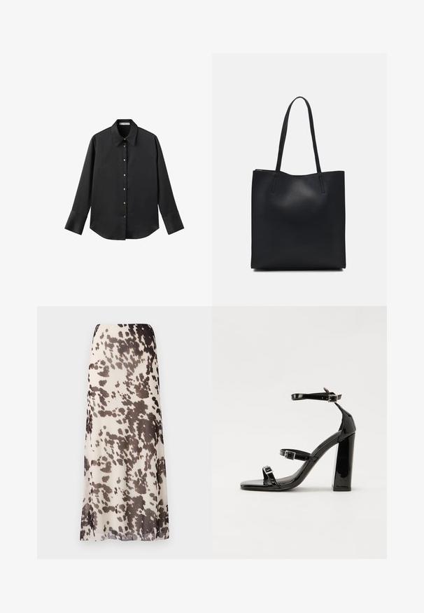 Svart långärmad skjorta i mjukt tyg, med klassisk krage, framknäppning med knappar i guldton och breda manschetter.; Maxikjol gjord av lätt, genomskinlig tyg, med en beige botten och mörkbruna abstrakta fläckar samt en rak silhuett.; Svarta lackerade klacksandaler med fyrkantig tå, ankelremmar och silverfärgade spännen. Har en kraftig blockklack för stabilitet.; Svart lädertoffelväska med slät textur, rektangulär form och två långa handtag. Ingen synlig hårdvara eller dekorationer.