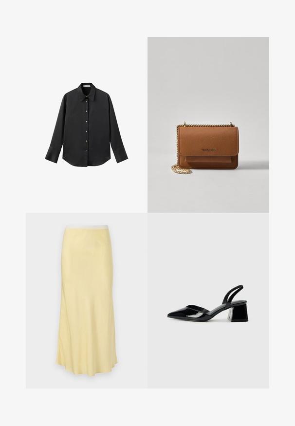 Črna majica z dolgimi rokavi iz gladkega materiala, z klasičnim ovratnikom, sprednjim zapiranjem na gumbe z zlatimi gumbi in širokimi manšetami.; Svetlo rumena satenasta midi krila z gladko teksturo, razširjenim dizajnom in elastičnim pasom, ki se ponaša z rahlim sijajem po celotni površini.; Črne lakirane slingback pete s koničastim nosom in geometrijsko blokasto peto. Imajo eleganten, minimalističen dizajn in gladko teksturo.; Rjava teksturirana usnjena torba čez ramo z zlatim verižnim trakom in zapiranjem na pokrov. Spredaj je vidna podrobnost logotipa in žep pod pokrovom.
