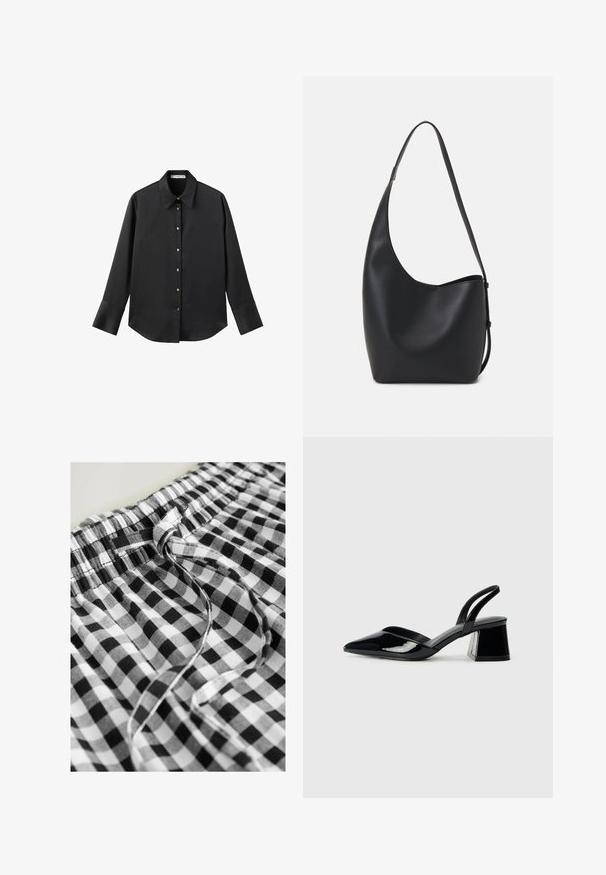 Maglietta nera a maniche lunghe in tessuto morbido, con colletto classico, chiusura frontale con bottoni dorati e polsini ampi.; Next DROP WAIST - Gonna lunga - black white gingham; Décolleté in vernice nera con punta affusolata e tacco in geometria cubica. Presentano un design elegante e minimalista, con una texture liscia.; Borsa hobo nera in pelle con una superficie liscia, forma curvata e una singola tracolla regolabile; presenta un'ampia apertura nella parte superiore.