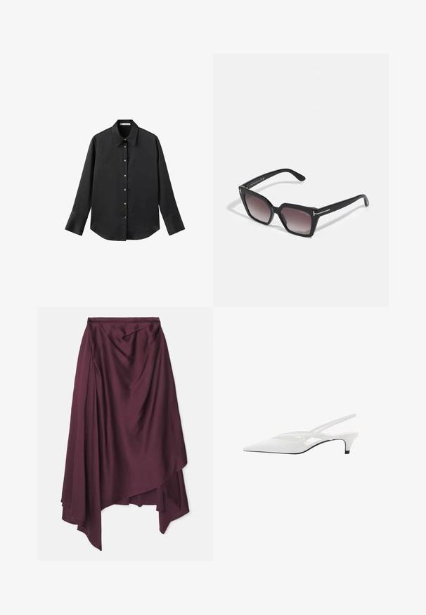 Czarna koszula z długim rękawem z gładkiego materiału, z klasycznym kołnierzykiem, zapięciem na guziki z przodu w złotym odcieniu oraz szerokimi mankietami.; Burgundowa, satynowa spódnica w stylu wrap z asymetrycznym dołem, charakteryzująca się miękkim drapowaniem i gładką teksturą. Brak widocznych zapięć lub wzorów.; Biała szpilka na odkrytej pięcie z ostrym noskiem, charakteryzująca się gładką cholewką, subtelnymi wycięciami i niskim obcasem w kształcie bloku. Czarna podeszwa podkreśla design.; Czarne oversize'owe okulary przeciwsłoneczne w geometrycznym kształcie, z gradientowymi szkłami i złotymi akcentami na ramionach. Wykonane z trwałego tworzywa sztucznego.; Czarna skórzana torba na ramię o strukturalnym prostokątnym kształcie. Posiada złoty owalny zamek i cienki pasek na ramię. Gładka faktura.