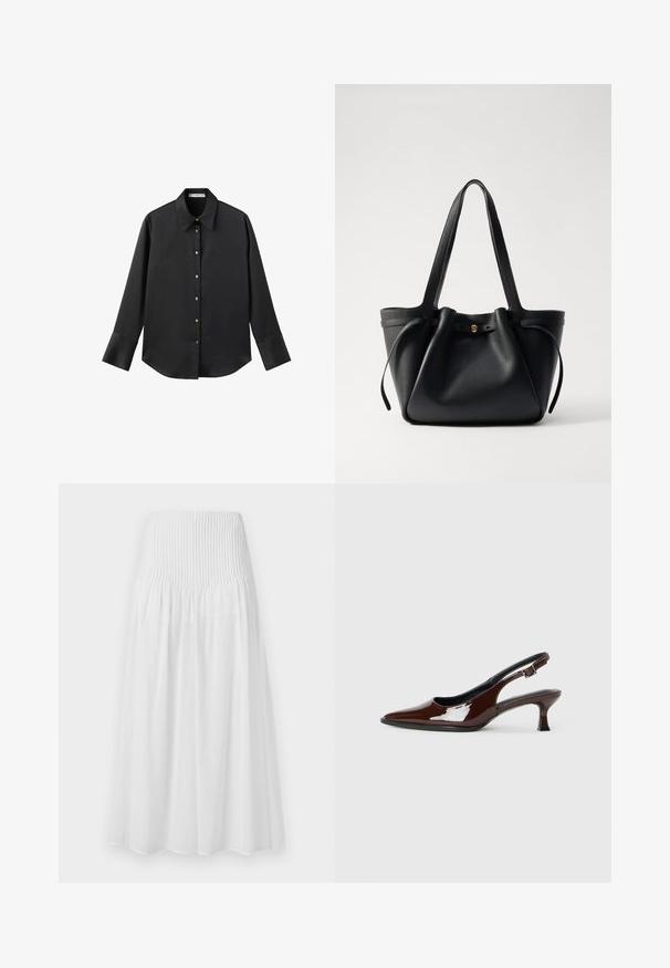 Črna majica z dolgimi rokavi iz gladkega materiala, z klasičnim ovratnikom, sprednjim zapiranjem na gumbe z zlatimi gumbi in širokimi manšetami.; Bela midi krila z nabranim pasom, lahkotno tkanino in tekočim silhuetom. Gladka tekstura brez vidnih vzorcev ali dodatkov.; Rjavi lakirani slingback čevelj z ostro konico in zmerno peto. Ima zaponko za varno prileganje. Gladka tekstura.; Črna usnjena torba s dolgima ročajema, z nabranim vrhom in zlatim okroglim dodatkom. Gladka tekstura s minimalističnim oblikovanjem.