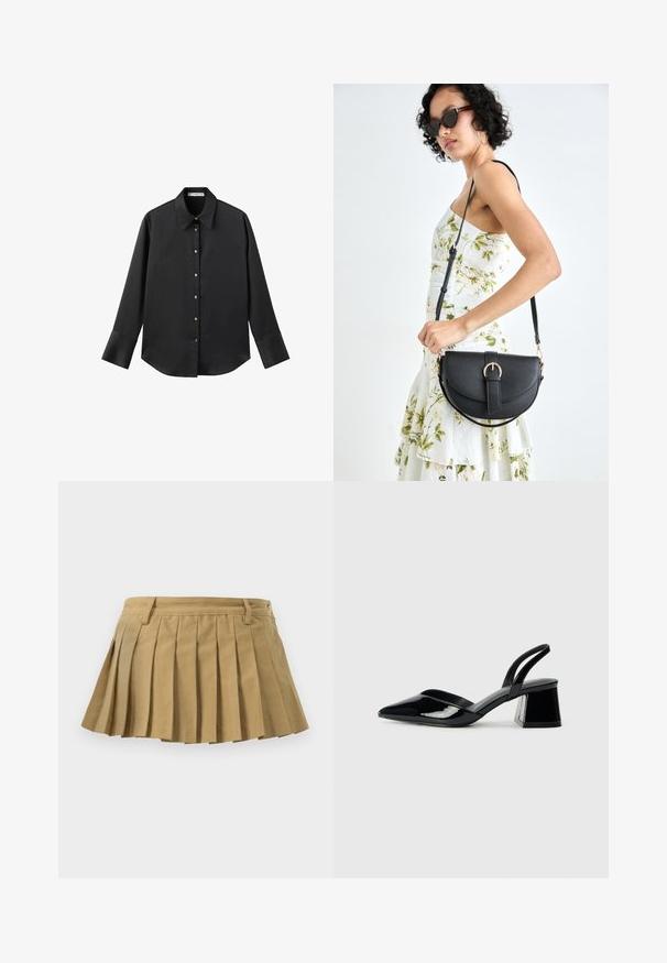 Čierna dlhá rukávová košeľa z hladkého materiálu, s klasickým golierom, predným zapínaním na gombíky so zlatými gombíkmi a širokými manžetami.; Plisovaná sukňa z béžovej tkaniny, s priliehavým pásom, viacerými plisami a rovno strihaným spodným okrajom. Žiadne viditeľné zapínanie ani dekorácie.; Čierne lakované kožené sandálové podpätky s špicatou špičkou a geometrickým blokovým podpätkom. Disponujú elegantným, minimalistickým dizajnom a hladkým povrchom.; Čierna kožená kabelka s zaobleným tvarom, odnímateľným popruhom a zlatými doplnkami. Kabelka má klopu s detailom s prackou.