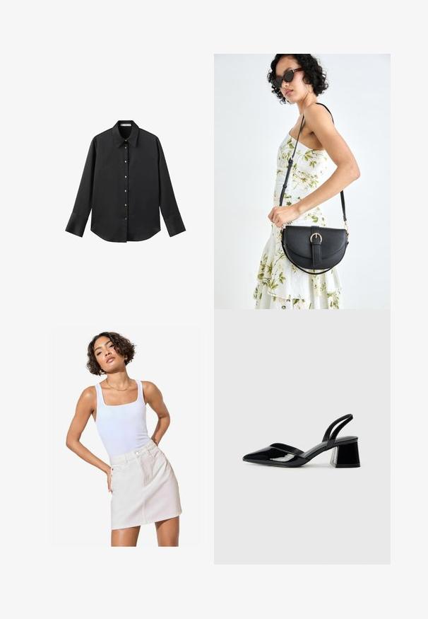 Černá dlouhá rukávová košile z hladkého materiálu, s klasickým límečkem, předním zapínáním na knoflíky ve zlatém tónu a širokými manžetami.; Bílý top bez rukávů se čtvercovým výstřihem v kombinaci s lehkou béžovou denimovou mini sukénkou, která má přední kapsy a jemné švy.; Černé lakované kožené lodičky na pásku s špičatou špičkou a geometrickým blokovým podpatkem. Vyznačují se elegantním, minimalistickým designem a hladkým povrchem.; Černá kožená kabelka s křivkovým tvarem, odnímatelným popruhem a zlatými detaily. Kabelka má klopu s přezkou.