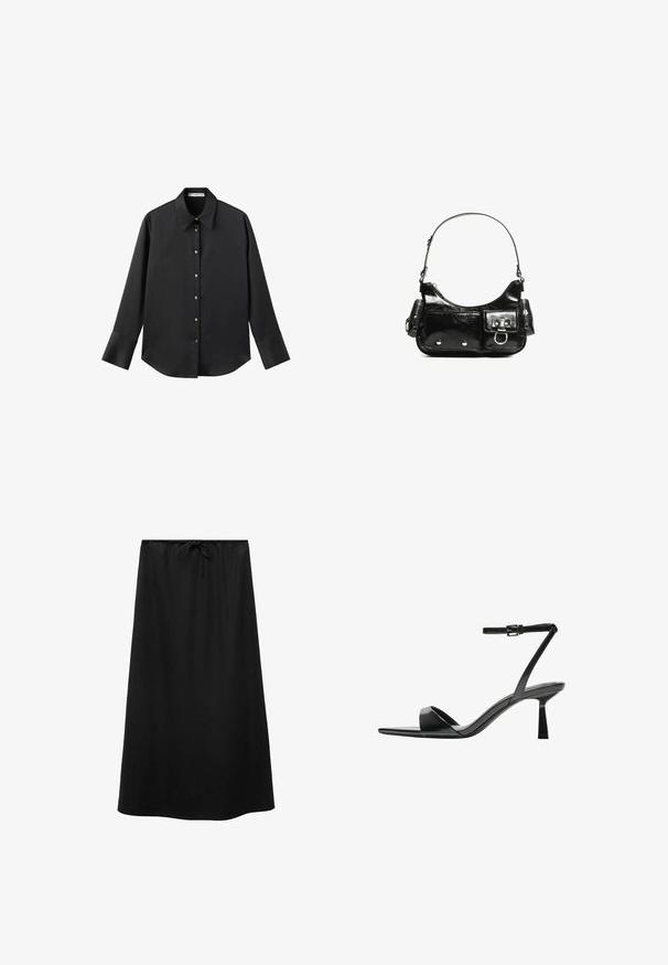 Črna majica z dolgimi rokavi iz gladkega materiala, z klasičnim ovratnikom, sprednjim zapiranjem na gumbe z zlatimi gumbi in širokimi manšetami.; Mango Dolgo krilo - black; Bershka Sandali z visoko peto - black; Črna lakasta usnjena torbica s ukrivljeno obliko, enim ramenskim trakom, sprednjimi žepi in srebrnimi kovinskimi dodatki.