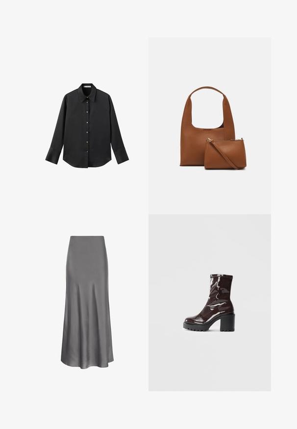 Čierna dlhá rukávová košeľa z hladkého materiálu, s klasickým golierom, predným zapínaním na gombíky so zlatými gombíkmi a širokými manžetami.; Moves HEBRY - Maxisukňa - castlerock; Lesklé burgundské kotníkové boty s robustním černým podpatkem, s hladkou strukturou a jednoduchým designem. Bez viditelných zapínání nebo vzorů.; Hnedá syntetická kabelka s prehnutou rukoväťou a hladkým povrchom. Obsahuje zodpovedajúcu malú taštičku so zipsom. Minimalistický dizajn.
