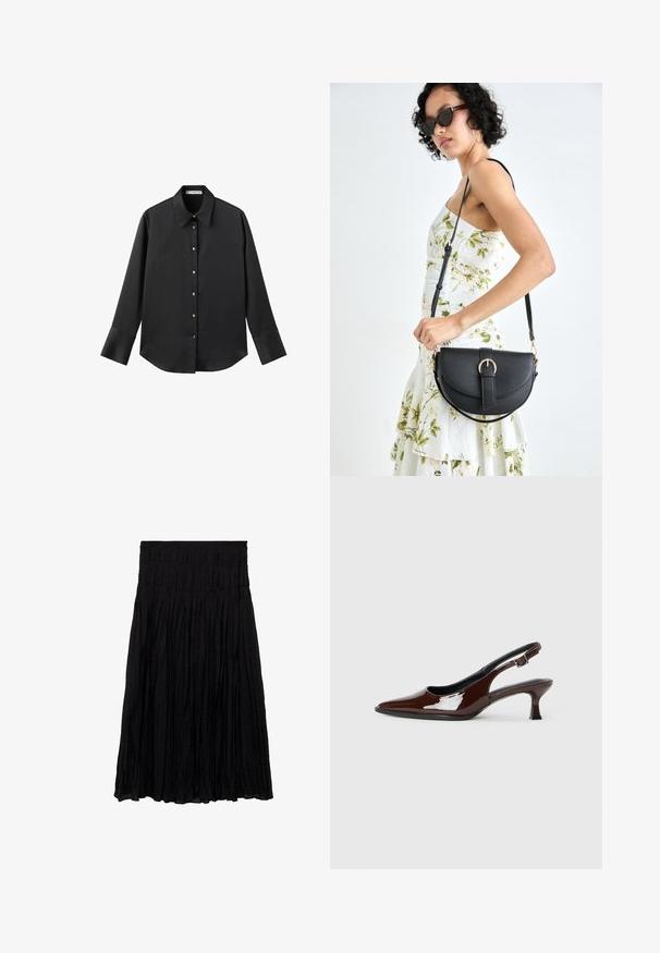 Zwarte lange mouwen shirt van gladde stof, met een klassieke kraag, een sluiting met knopen aan de voorkant met gouden knopen en brede manchetten.; Zwarte plissé rok met een gestructureerde afwerking, voorzien van een elastische tailleband voor comfort en een vloeiende, knielange snit.; Bruine gepatineerde leren slingback-schoen met een spitse neus en een gematigd hakje. Voorzien van een gespsluiting voor een veilige pasvorm. Glad van textuur.; Zwarte leren handtas met een gebogen vorm, afneembare schouderband en gouden hardware. De tas heeft een klep met een gespsluiting.