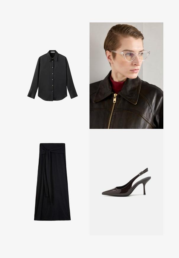 Czarna koszula z długim rękawem z gładkiego materiału, z klasycznym kołnierzykiem, zapięciem na guziki z przodu w złotym odcieniu oraz szerokimi mankietami.; Czarna max spódnica wykonana z miękkiego, elastycznego materiału. Posiada wiązane wykończenie w talii, swobodny krój oraz długość do kostek.; Sandały na obcasie typu slingback z błyszczącej ciemno-brązowej lakierowanej skóry, w szpic, z otwartymi bokami i regulowanym paskiem wokół kostki.; Przezroczyste okulary w kocim kształcie z żółtymi szkłami, noszone przez osobę w ciemnej skórzanej kurtce i czerwonym golfie. Gładka tekstura.