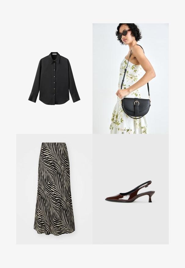 Čierna dlhá rukávová košeľa z hladkého materiálu, s klasickým golierom, predným zapínaním na gombíky so zlatými gombíkmi a širokými manžetami.; Sukňa strednej dĺžky vyrobená z hladkej tkaniny s čierno-bežným vlnitým pruhovaným vzorom, ktorá sa jemne rozširuje od pásu k lemovaniu.; Hnedá lakovaná slingback obuv s špicatou špičkou a mierne vysokým opätkom. Obsahuje pracku pre bezpečné upevnenie. Hladká textúra.; Čierna kožená kabelka s zaobleným tvarom, odnímateľným popruhom a zlatými doplnkami. Kabelka má klopu s detailom s prackou.