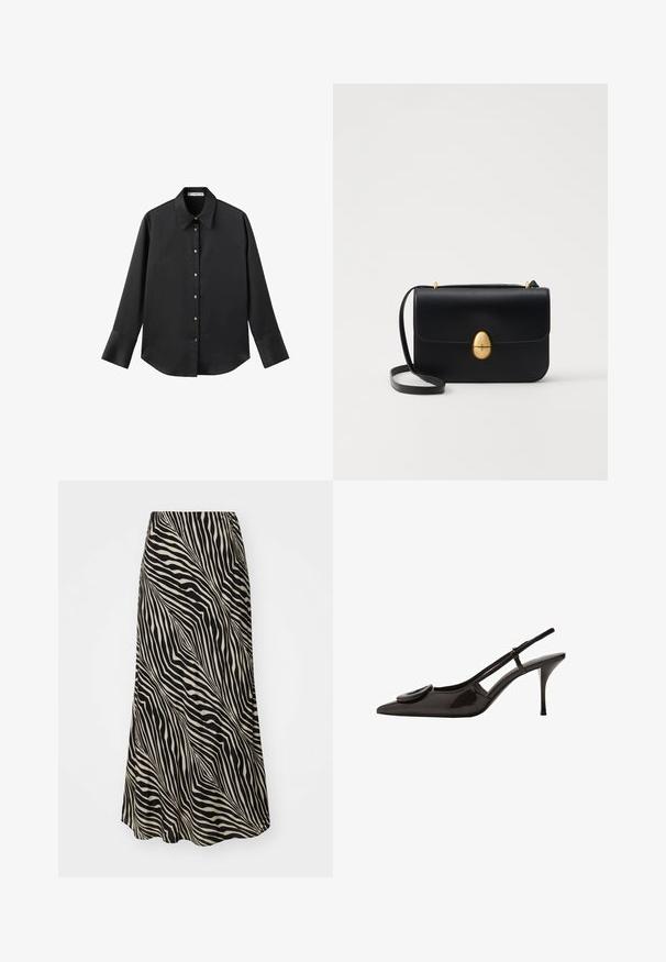 Maglietta nera a maniche lunghe in tessuto morbido, con colletto classico, chiusura frontale con bottoni dorati e polsini ampi.; Gonna di lunghezza media realizzata in tessuto liscio, con un motivo a righe ondulate in nero e beige, che si allarga delicatamente dalla vita all'orlo.; Scarpa slingback in pelle verniciata nera con punta appuntita, design minimalista, piccolo dettaglio rotondo sulla tomaia e tacco sottile.; Borsa a tracolla in pelle nera con forma rettangolare strutturata. Presenta una chiusura ovale dorata e una sottile tracolla. Texture liscia.